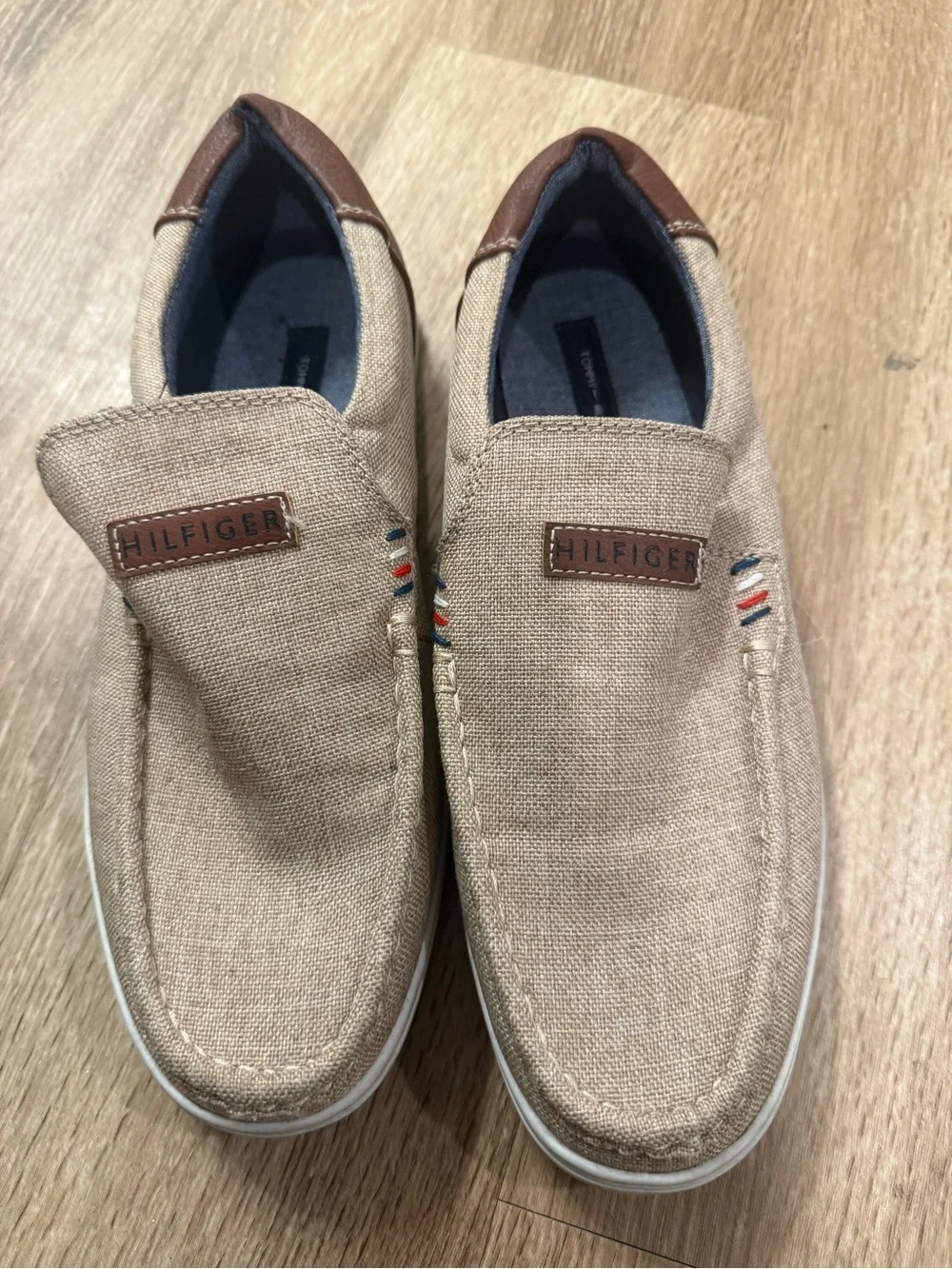 Tommy Hilfiger Tan Canvas Slip-On Loafers with Brown Trim